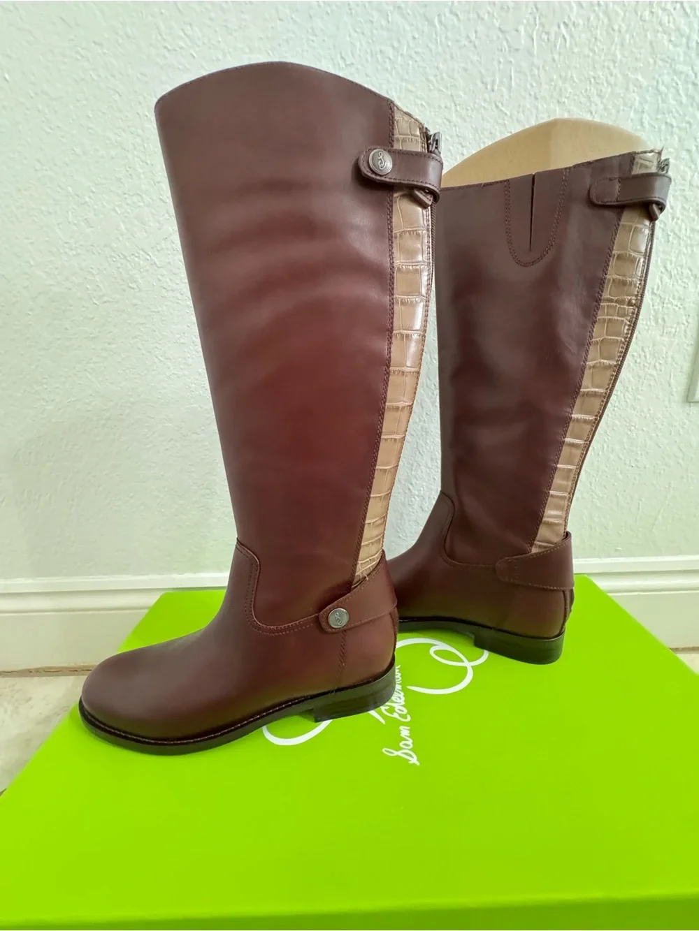 NIB Sam Edelman Sz 6 Mikala Terazzo Brown Leather Block Heel Riding Knee Boots
